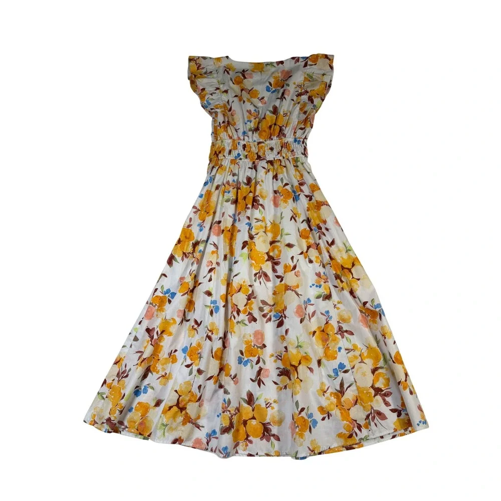 Abercrombie & Fitch Floral Flutter Sleeve Smocked Maxi Dress Yellow Orange Small